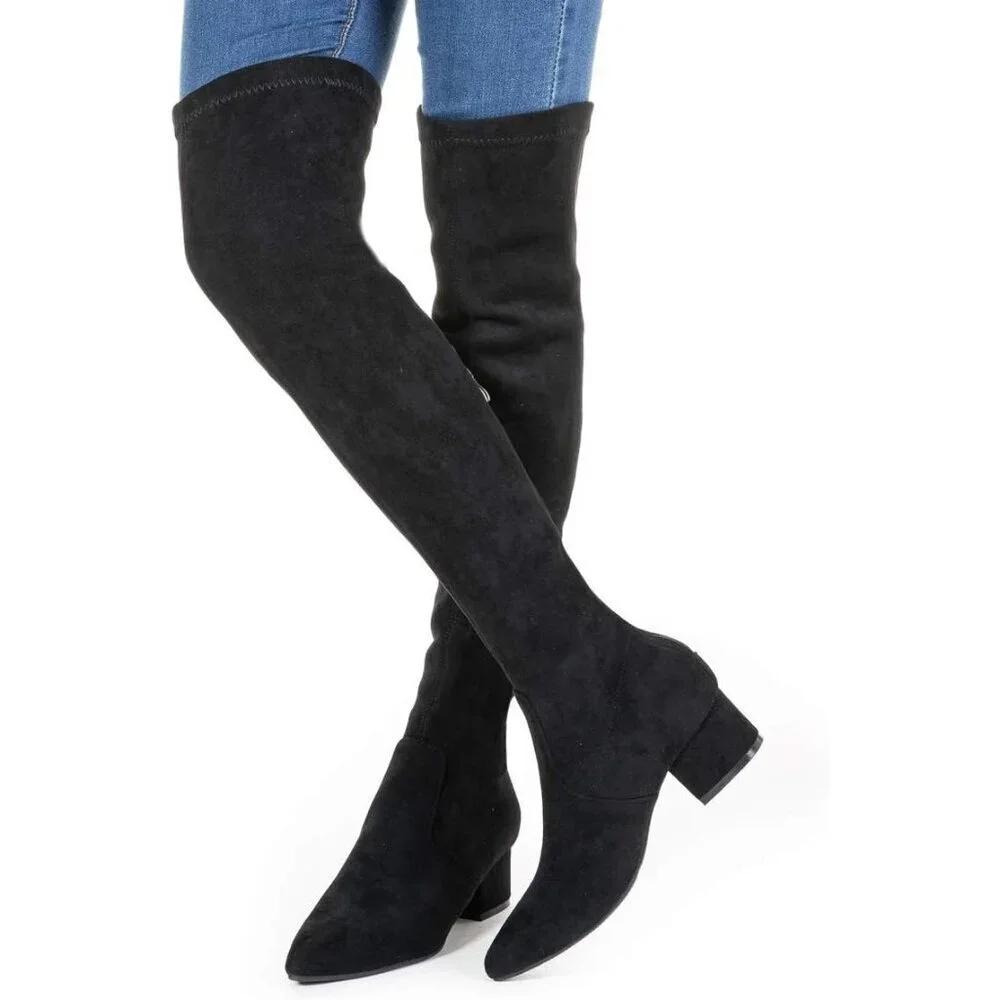 Women Black 2 Inch Over the Knee Thigh High Suede Block Long Pointed toe Boots